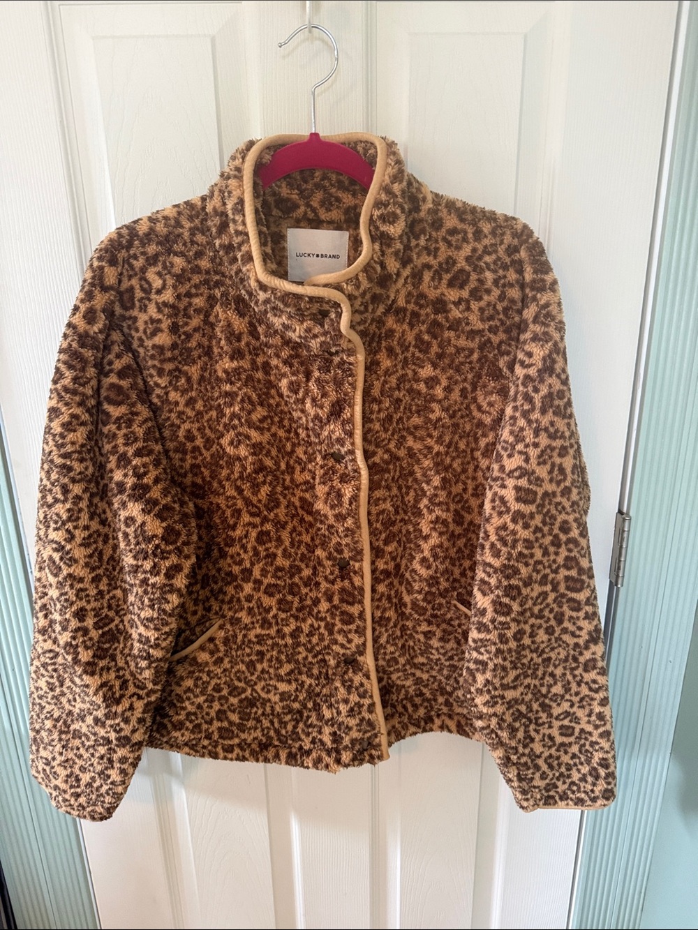 Lucky Brand Leopard-Pattern Teddy Faux Fur Jacket in Brown and Tan